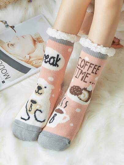 1双女士保暖防滑内衬袜，万圣节配饰，圣诞节礼物，冬季毛绒拖鞋袜