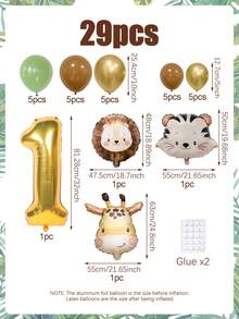 29pcs/Set Jungle Wild Animal Birthday Party Decorations, Cute Wild Animal Birthday Balloon Set, Includes Lion, Giraffe, Tiger Foil Balloons, Vintage Green & Brown Latex Balloons, 32inch Gold Number 1-9 Balloons, Suitable For Birthday Party Decor, 1st Birthday, Christening, Jungle Party, Ceremony, Baby Shower, Carnival Birthday, Wild Forest Zoo Theme Party Decorations, Home Decor Balloons, 1-9 Years Old Birthday Decor - Multicolor - View 2