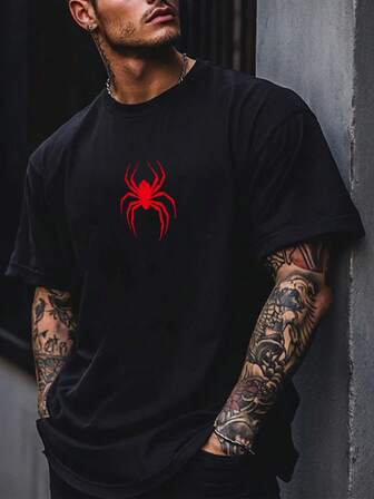 Plus Size Men Spider Print Casual Street Style Short Sleeve T-Shirt