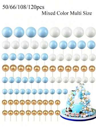 50/66/108/120pcs Colorful Balls Cake Toppers, Foam Ball Cake Decorations, Ball Shaped Cake Insert Topper Ball Baking Decoration Wedding Anniversary Birthday Christmas, Halloween, Thanksgiving Gift (Blue, White, Golden) Wedding, And Anniversary Parties - DIY Cake Decoration Supplies