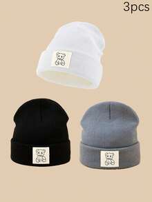 1/2/3pcs Unisex Line Bear Print Knit Beanie Hat, Soft Warm Casual Outdoor Fashion Headwear, Suitable For Daily Wear