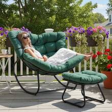 Patio Rocking Chair With Ottoman And Cushions, Patio Wicker Egg Chair For Outdoor & Indoor, Oversized Papasan Chair, Outdoor Lounge Recliner Chair For Garden, Porch, Green - 綠色 - 查看 1