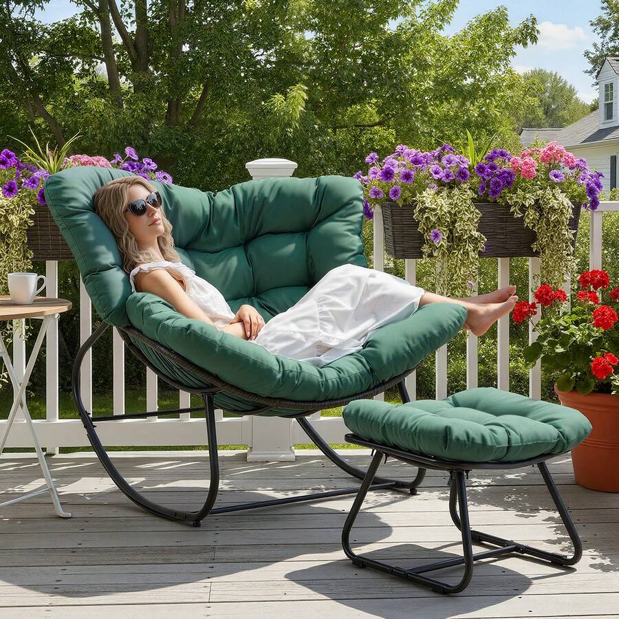 Patio Rocking Chair With Ottoman And Cushions, Patio Wicker Egg Chair For Outdoor & Indoor, Oversized Papasan Chair, Outdoor Lounge Recliner Chair For Garden, Porch, Green - 綠色 - 查看 1