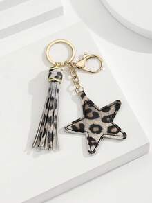 1 قطعة DIY مصنوعة يدويًا من جلد البو ذو طبعة نمر مع شرابة بشكل نجمة خماسية، حلقة مفاتيح نجمية جلدية، هدية إبداعية للحبيب والصديق والصديقة والمناسبات والأعياد والهاتف المحمول وإكسسوارات السيارة وهدايا صغيرة لحقيبة الأحداث وإكسسوارات السيارة وهدايا المعلم والأخت