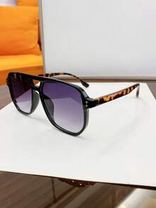 1 Pair Unisex Tortoiseshell Square Double Bridge Aviator Style Fashion Fashion Glasses, Suitable For Vacation, Boho Beach Outfits, Women's Beach Accessories, Basic Glasses, Autumn/Winter Women's Outfits, Business Casual, Gifts, Leopard Print - 黑框雙灰片 - 查看 2