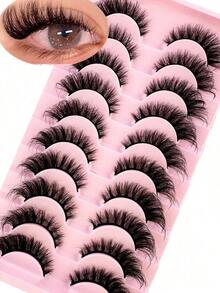 10pairs Classic Russian Volume Eyelash Extension In Cat Eye Style With Mink Hair Material Natural Looking D Curl Fluffy Fake Eyelashes Strip Lashes, Lashes, Eyelashes, Fake Lashes - Đen 2 - Xem 2