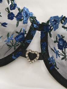 2件套女士迷人优雅花卉刺绣半透明网纱镂空心形装饰内衣套装，舒适家居服风格 - 藍色 - 查看 4