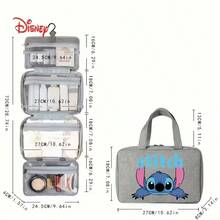 Disney Stitch 4-Layer Foldable Travel Makeup Bag - Polyester Material, Machine Washable, Multi-Compartment Design, 6 Colors Available (Gray/Pink/Navy Blue Etc.), Suitable For Makeup Brushes, Lipsticks And Essentials, Cute Character Pattern, Transparent Zipper Compartments