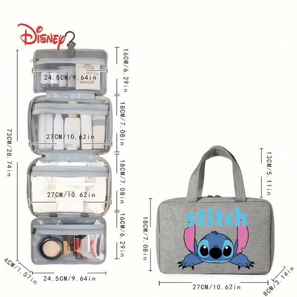 Disney Stitch 4-Layer Foldable Travel Makeup Bag - Polyester Material, Machine Washable, Multi-Compartment Design, 6 Colors Available (Gray/Pink/Navy Blue Etc.), Suitable For Makeup Brushes, Lipsticks And Essentials, Cute Character Pattern, Transparent Zipper Compartments