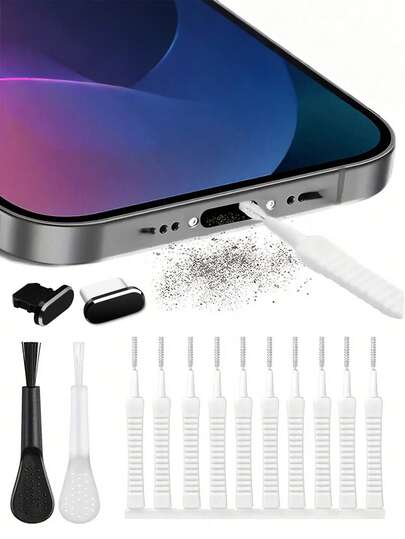 Juego de 14 piezas de mini cepillos de limpieza: cepillos de limpieza para teléfonos y computadoras, cepillo para cabezal de ducha anti-obstrucción, cepillos para limpiar ranuras y tapones antipolvo para teléfonos - Adecuado para automóviles, baños y dispositivos digitales