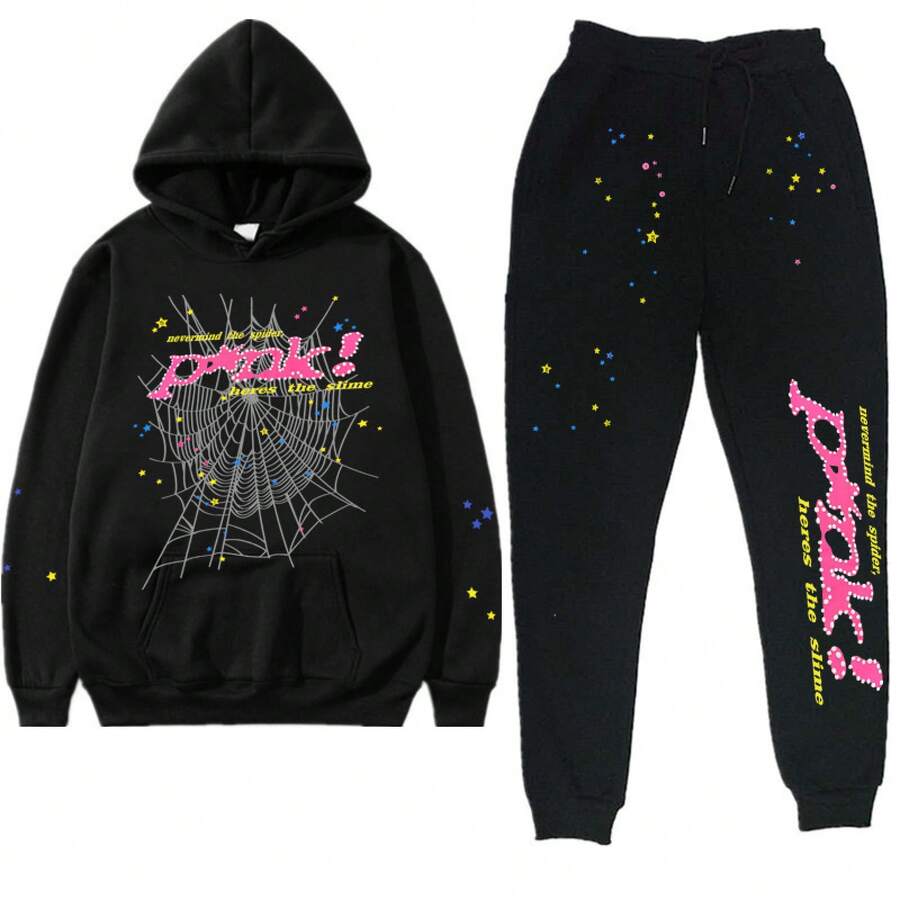 Spider Web 55555 Men's 2025 Graphic Letter Print Sweatshirt & Jogger Pants Set, Oversized Knit Sweater With Cuffed Hem, Casual Streetwear Tracksuit, Y2K Autumn Winter Loungewear - Y黑色灰網粉紅pink - 查看 1