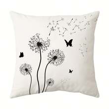 1 pieza Funda de cojín con diseño minimalista de diente de león en blanco y negro, decoración de mariposa, tela de poliéster impresa por un solo lado, adecuada para la decoración del hogar moderno