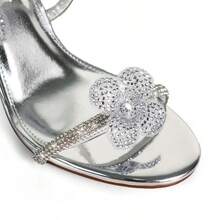 Glamorous Women's  Metallic Silver Flowers Open Toe Rhinestone Ankle Spiral Stiletto Holiday Party Heel Shoe - Silver - View 3