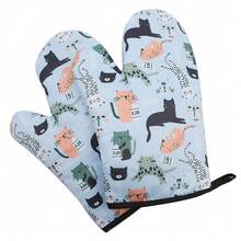 Cute Cat Pattern Oven Mitts - Thick, Heat Resistant, Polyester With Hanging Loop, Great For Cooking, Baking And Microwave Use - Blue And White, Hand Wash Only