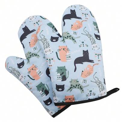 Cute Cat Pattern Oven Mitts - Thick, Heat Resistant, Polyester With Hanging Loop, Great For Cooking, Baking And Microwave Use - Blue And White, Hand Wash Only