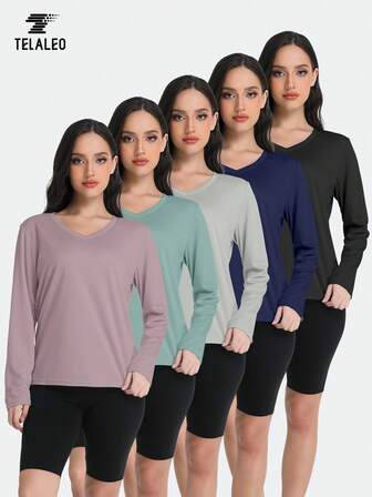 TELALEO 5 paquetes de camisetas de manga larga con cuello en V para mujeres, camisetas de protección solar para correr, actividades al aire libre y entrenamiento
