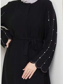 Elegant Black Long Sleeve Robe, Round Neck, Rhinestone & Pearl Decor, Zipper Waist Belt Cardigan, Women's Long Woven Fabric Jalabiya, Abaya