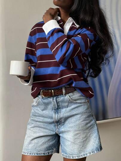 Suéter de punto de manga larga con cuello y bloques de color a rayas, estilo casual, Mujer HoloChill Navidad, Nuevo lanzamiento Otoño/Invierno 2025