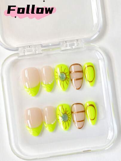 10 Stücke fluoreszierend grüne französische Spitzen kurze mandelförmige handgemachte Aufklebe-Nägel, wunderschöne und niedliche Nail-Art, 3D-Klargel-Nägel, Goldchrom-Linien-Nägel, Y2K-Nägel, Nagelbedarf, Fake-Nägel, geeignet für Frauen-Partys, Tänze, täglichen Lässig-Wear