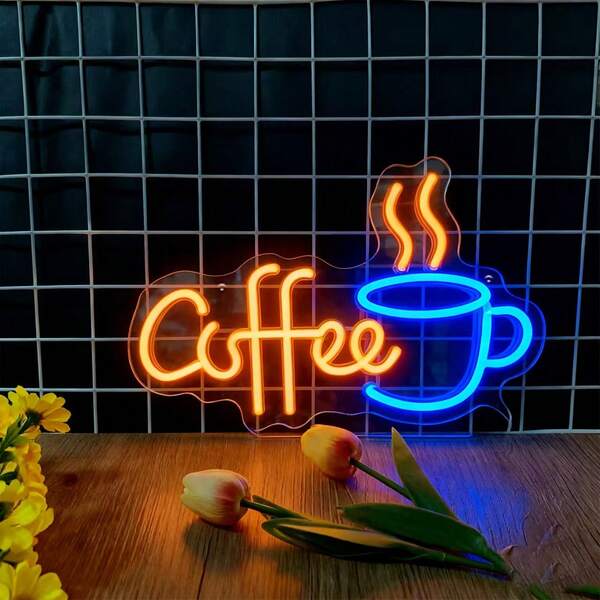 1 Piece, Unique Design, Distinctive Appearance + Acrylic Back Panel + Coffee Coffee Cup-Shaped Neon Light (No Batteries Required) -Worthy Style + Coffee-Themed Lettering + Coffee Cup Pattern/With Switch, Plug-In Compatible + Decorative Ambiance Light + Suitable For Coffee Shop Decoration, Home Decor, Daily Ambiance Creation, Versatile For All Seasons.