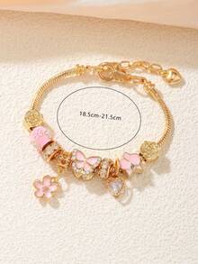 1 pieza Brazalete de flor de 5 pétalos color rosa y mariposa de moda, con diseño hueco de corazón, mariposa y flor, cierre de mosquetón de hueso de serpiente dorado ajustable, adecuado para festivales, ir al trabajo, regalo para mujeres - Multicolor - Ver 4