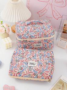 1 Piece Vintage Flower Pattern Cosmetics Bag Quilted Design Makeup Handbag Print Travel Cosmetics Bag Large Capacity Home Sundries Organizer Bag Set - Brown - View 4