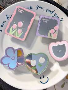 1pc Tulip Heart Shaped Acrylic Makeup Mirror, Foldable Desk Bubble Phone Holder Stand