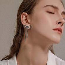 Bow Earrings For Women  Sparkly Rhinestone Chain Tassel Earrings Cute Ribbon Stud Earring Daily Party Jewerly Gifts Christmas Stocking Stuffers - B8:黑色蝴蝶結耳環 - 查看 3