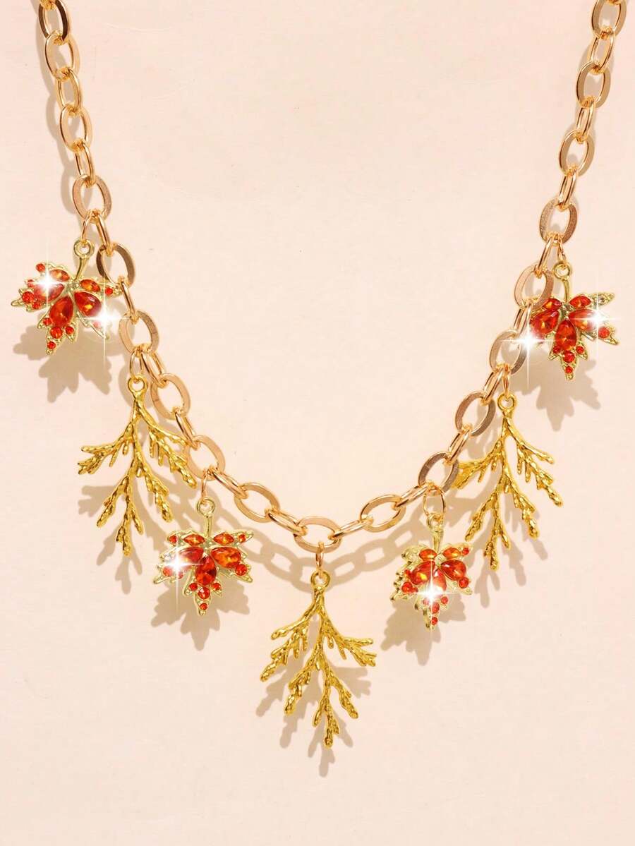 1 Pieza Collar de hoja de arce con gema naranja de diseño único y exquisito, de estilo dorado y sencillo, versátil para uso diario, regalo ideal para fiestas, joyería para mujer