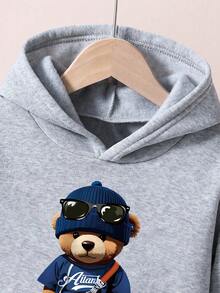 两件套小男孩卡通熊印花保暖连帽衫和运动裤休闲装 - 灰色 - 查看 3