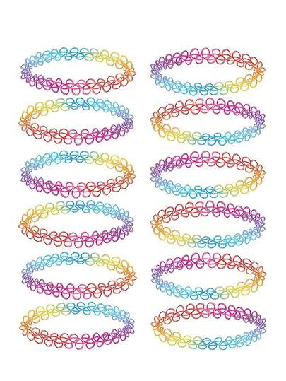 12 Stücke/Set verschiedenfarbige Regenbogen-Elastik-Choker Henna Tattoo 90er Jahre Old-School Stil Choker