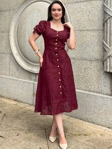 Women's Midi Dress, Casual, Elegant, Cotton, Daily - 酒紅色 - 查看 8