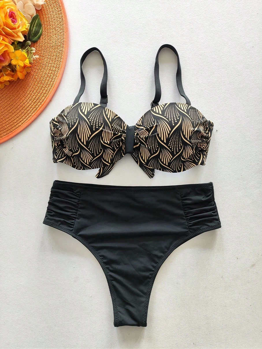 LARA VIVA Conjunto de biquíni plus size feminino, estampa floral, decote halter, amarração lateral ajustável, ideal para férias, piscina e festas - Caqui - Visão 6