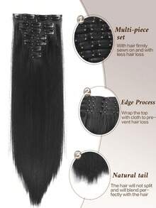 7pcs/Set Natural Black Clip-In Hair Extensions For Women, 18-32 Inches, Straight Synthetic Hair, Natural Soft Invisible Clip-On Thick Extensions, Suitable For Daily Wear - Multicolor - View 4