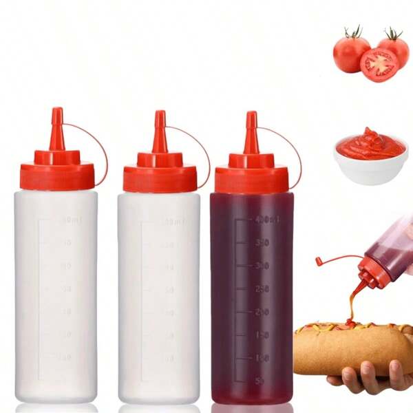 3 pièces Bouteilles de distribution de condiments, distributeur de ketchup, bouteilles de distribution pour liquides, bouteille de sauce en plastique avec couvercle, bouteilles à presser pour sauces, liquides, vinaigrette, art de crêpes