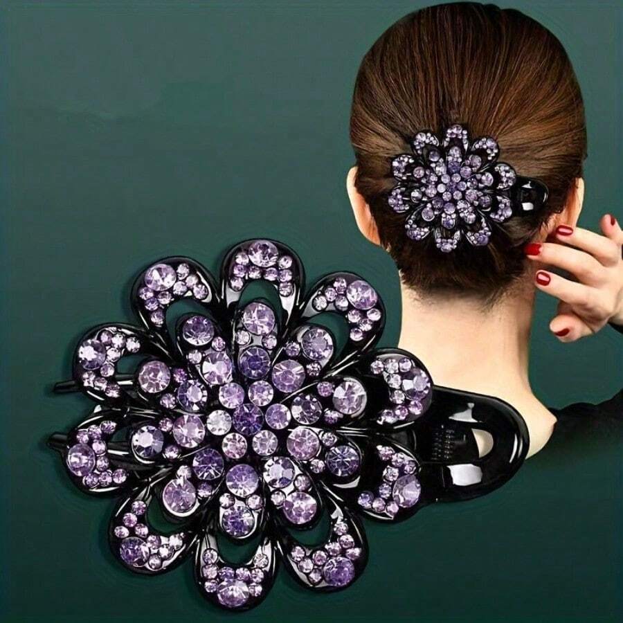 Elegant Floral Rhinestone Hairpin - Ladies Large Duckbill Clip, Perfect Mother's Day Gift, Crystal Flower Decorative Hair Accessories - Màu tím  Violet - Xem 1