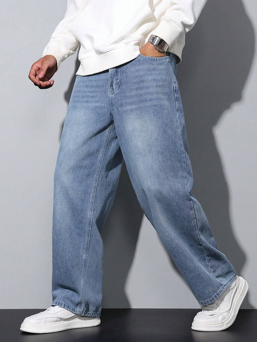 1件 Hearty Haven 休闲宽松直筒牛仔裤，男女情侣款（不含腰带或配饰） - 淺色水洗藍 - 查看 1