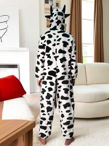 Men's Cow Print Hooded Pajama Jumpsuit, Fall & Winter - Black and White - View 2