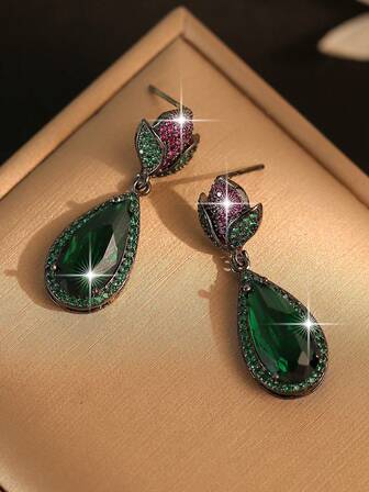 1pair Vintage Temperament Flower Water Drop Dangle Earrings For Girlfriend Mother Birthday Christmas Festival Gift Jewelry Copper Cubic Zirconia Women Earring