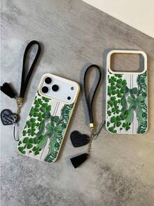 1pc New Simple Fashion Personalized Lace Clover Pattern Waterproof Anti-Fall Anti-Slip High-Quality Litchi Texture 3D Matte Soft Phone Case + Fashionable Heart-Shaped Faux Leather Lanyard Strap Bracelet, Compatible With Apple, Phones, Great Gift For Friends, Family, Couples, Birthday, Holidays - Multicolor - View 4