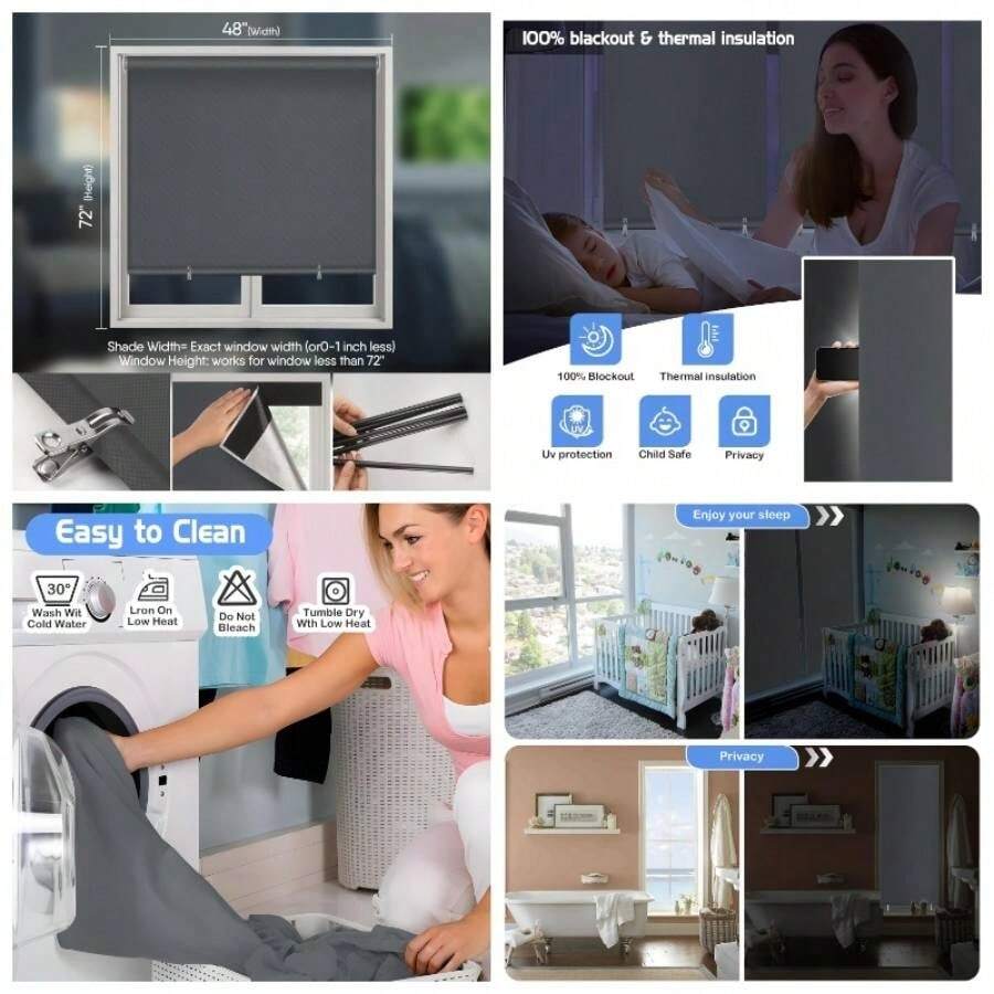 Paquete de 2 cortinas opacas enrollables, sin herramientas, sin taladros, para oscurecer la habitacin, persianas opacas para recmara, ventanas, hogar y oficina 48 pulgadas de anchox 72 pulgadas de - Gris + 48" de ancho x 72" de alto x paquete de 2 - Ver 1