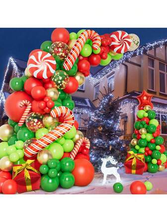 一套146个，包含红色、绿色和金色乳胶气球。包含藤条形铝箔气球、礼盒形铝箔气球、风车形铝箔气球和星形铝箔气球，适用于圣诞节装饰、新年装饰和生日装饰。