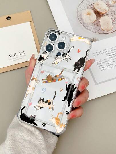 غطاء هاتف ناعم مقاوم للصدمات وعالي الشفافية مع فتحة بطاقة، مطبوع بطباعة أشعة فوق البنفسجية بنمط قطة جميلة، غطاء واقي متوافق مع آيفون 16 برو ماكس، جالاكسي S25 أولترا، ريدمي 14C، بيكسل 7 وغيرها