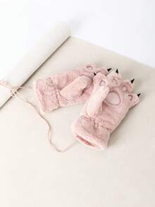 1 par de guantes de dedo completo con diseño de pata de gato de dibujos animados, guantes deportivos gruesos y cálidos de felpa para juegos de nieve al aire libre, ciclismo, otoño/invierno - A - Ver 3