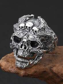可调节骷髅戒指，开放式带设计，朋克摩托车鸡尾酒哥特式时尚珠宝，空心框架，男女通用配饰（请勿强行打开戒指开口，因为这可能会导致戒指断裂。避免接触水，因为这可能会导致变色。购买前请仔细阅读说明。）
