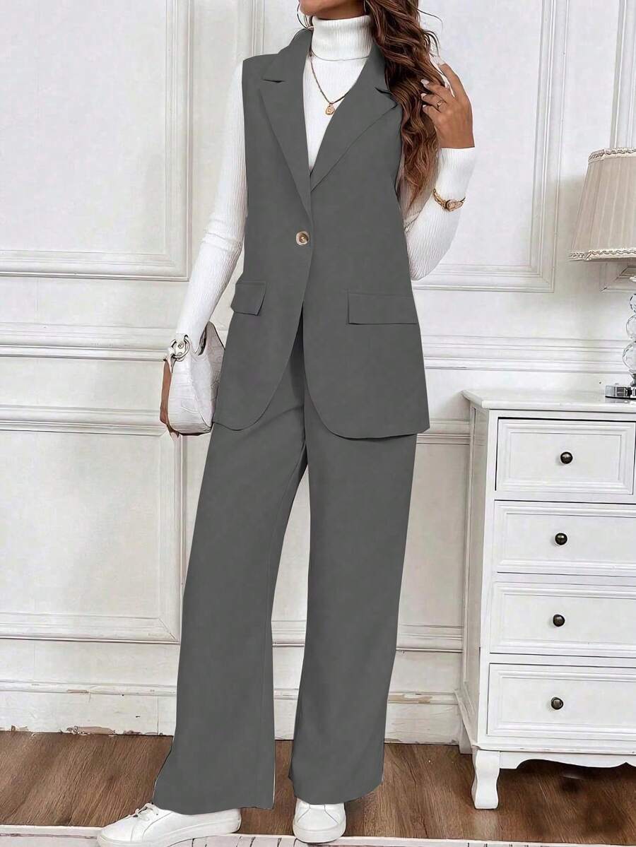 1 Set Solid Color Sleeveless Blazer Jacket + Pants Suit, Fashionable Commuter Versatile Solid Color Office Wear Summer - Grey - View 1