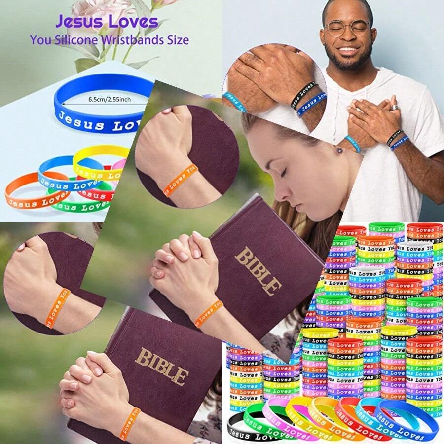 Jesus Loves You Silicone Bracelets Colorful Christian Jesus Wristbands Christian Rubber Bracelet For Teens Adult Men Women Motivational Wristbands Church School Party Favors - 10 - 查看 1