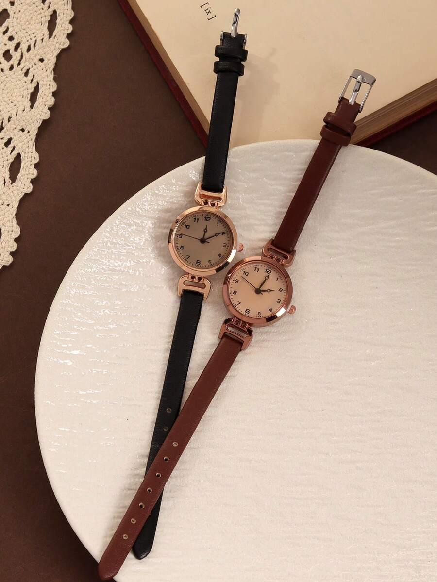 2件套复古休闲优雅女士皮带腕表,时尚精致的圆形表盘,适合日常佩戴及其他场合装饰手腕,是节日和生日的完美礼物。 - 彩色 - 查看 1