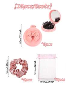 12/6/1 粉色蝴蝶结派对礼品套装 - 粉色蝴蝶结折叠镜、迷你旅行梳、镜面发圈、缎面发绳、欧根纱袋，适合女孩，可用作派对礼物、婴儿洗礼礼物、2026新年派对套装 - 彩色 - 查看 8