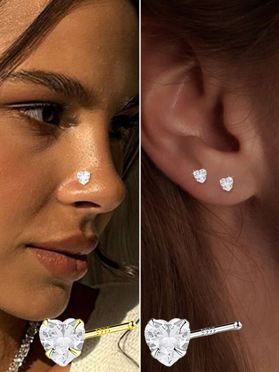 1 件 999 纯银心形爪镶 CZ 鼻钉戒指微型 CZ 耳钉穿孔耳环耳钉条长 8 毫米 10 毫米 - 單隻鼻釘 - 查看 1